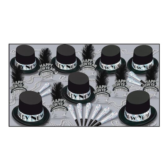 Beistle Black & Silver New Year Top Hat Party Favor Kit for 50